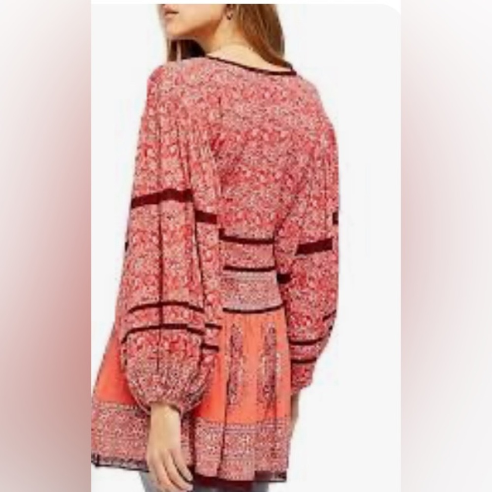 Free People Bohemian Red Floral Paisley Embroidered Tunic Top Dress M